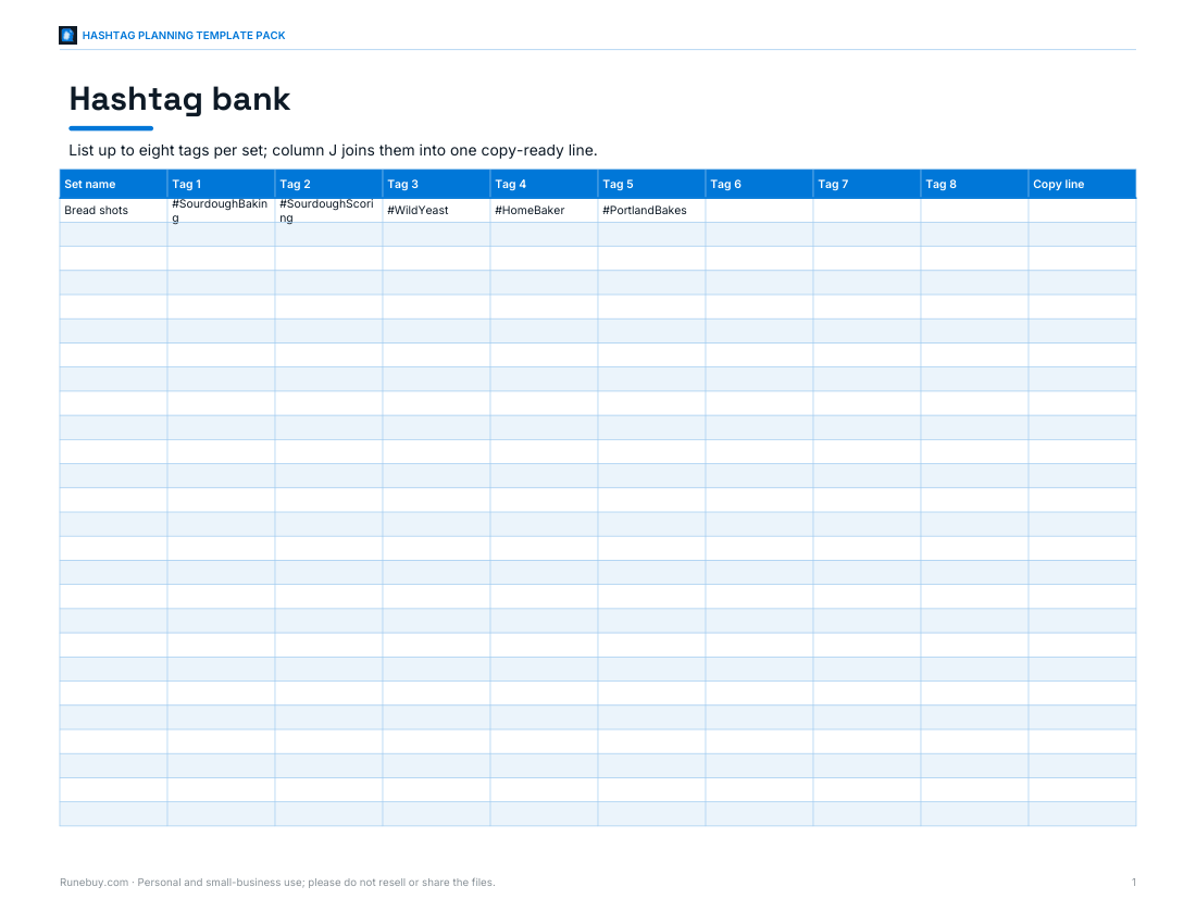 Preview of the first page of Hashtag bank (XLSX)